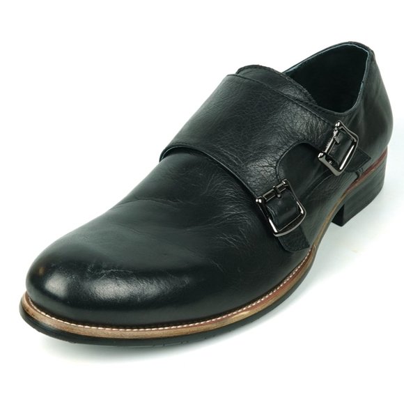 Encore by Fiesso FI-9051 Black Leather Double Monk Strap - Picture 1 of 8